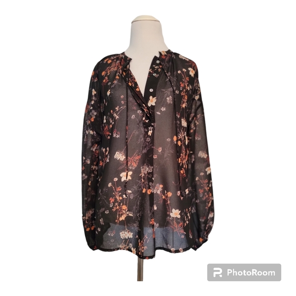 'A New Day' Black Sheet Peasant Blouse with Burnt Orange Floral Pattern - Size L - Picture 1 of 5
